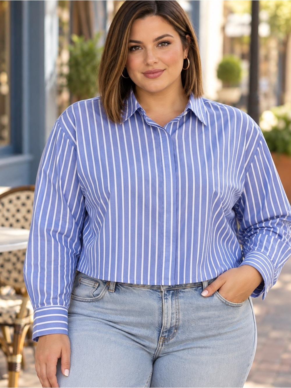 THE DROP Striped Cropped Button-Up Shirt Blouse Preppy Clean Girl Plus Size 2X